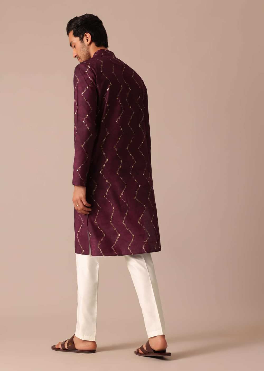 Wine Foil Printed Kurta And Pant Set In Silk