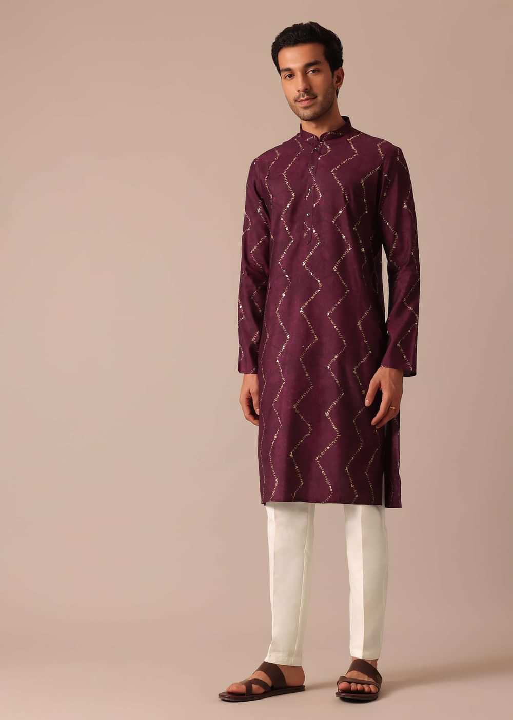 Wine Foil Printed Kurta And Pant Set In Silk