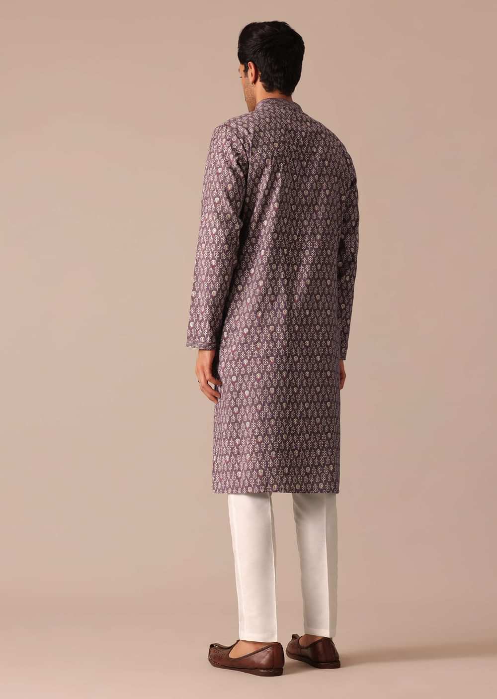 Purple Foil Work Kurta Set In Muslin Silk