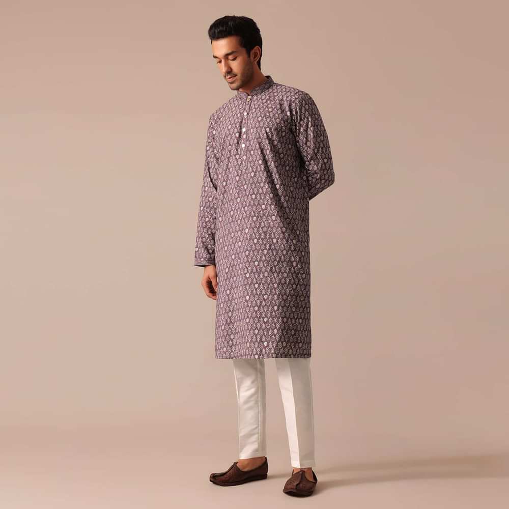 Purple Foil Work Kurta Set In Muslin Silk