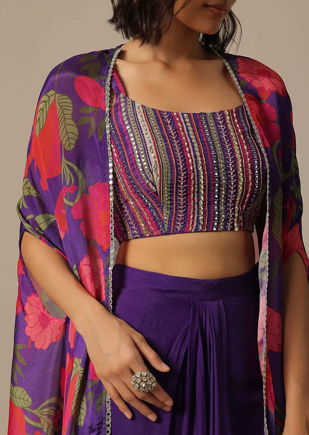Purple Fusion Jacket Set With Printed Motifs