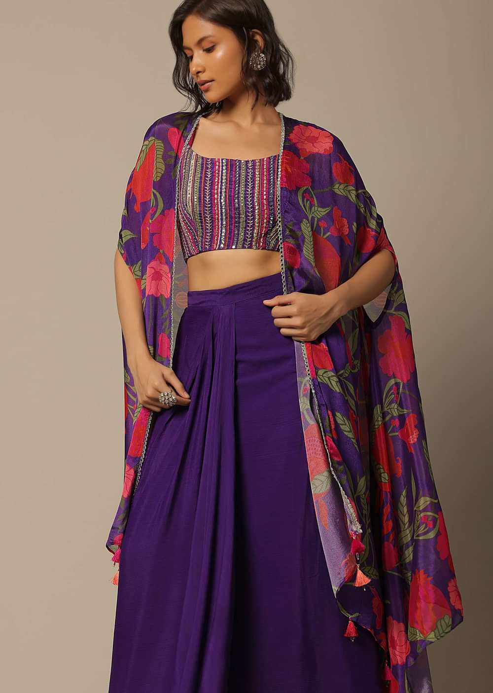 Purple Fusion Jacket Set With Printed Motifs