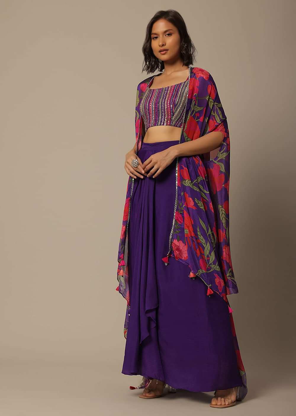 Purple Fusion Jacket Set With Printed Motifs