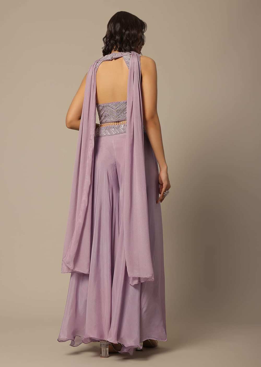 Purple Fusion Palazzo Set With Mirror Work