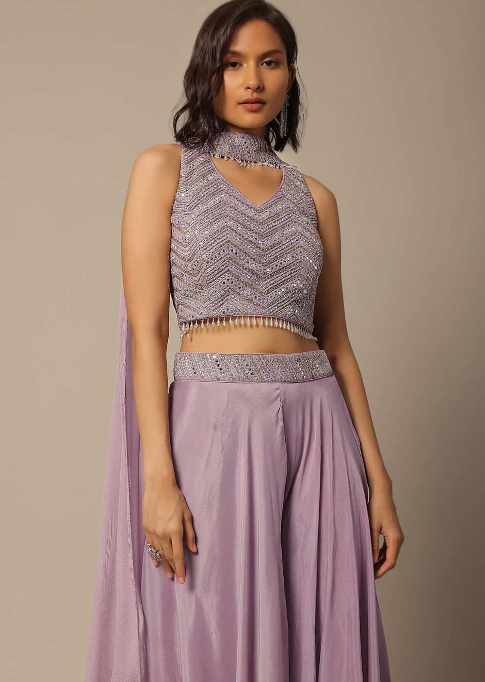 Purple Fusion Palazzo Set With Mirror Work