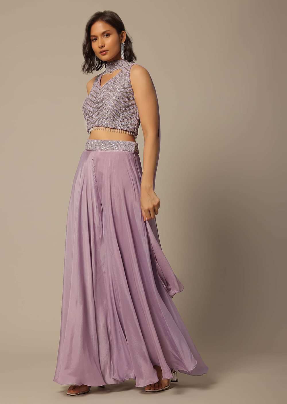 Purple Fusion Palazzo Set With Mirror Work