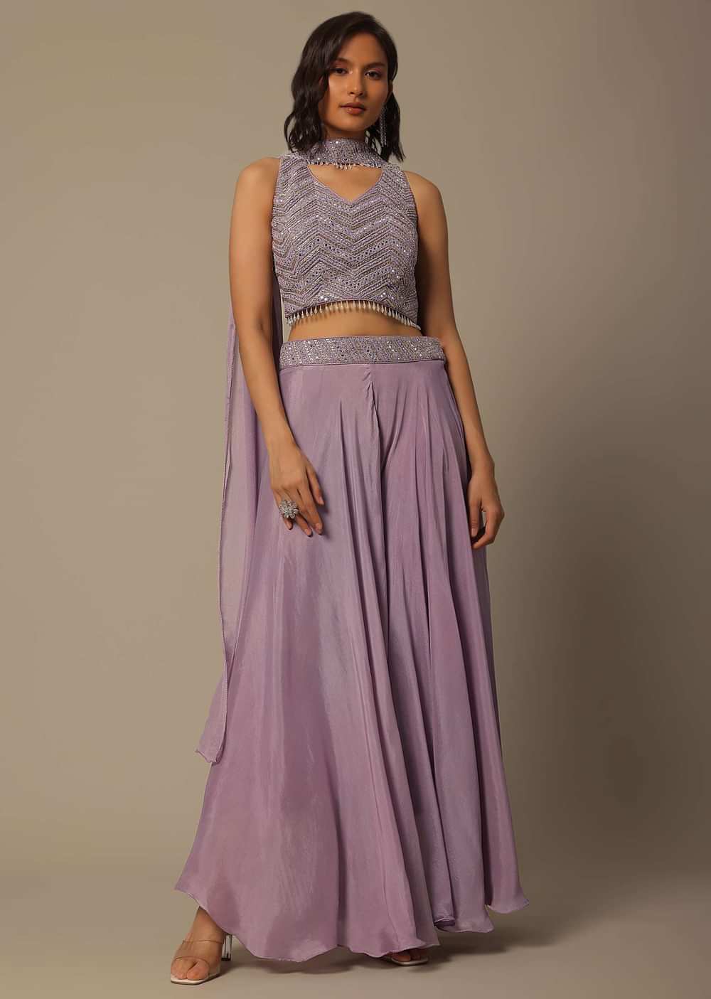 Purple Fusion Palazzo Set With Mirror Work