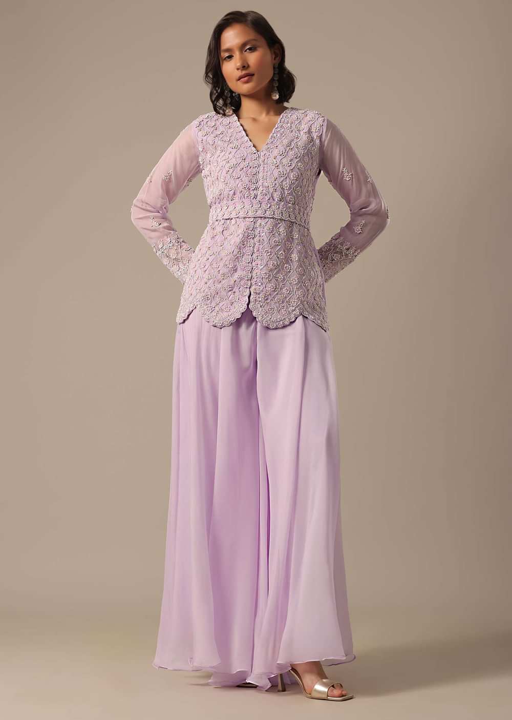 Purple Fusion Palazzo Set With Peplum Top And Belt