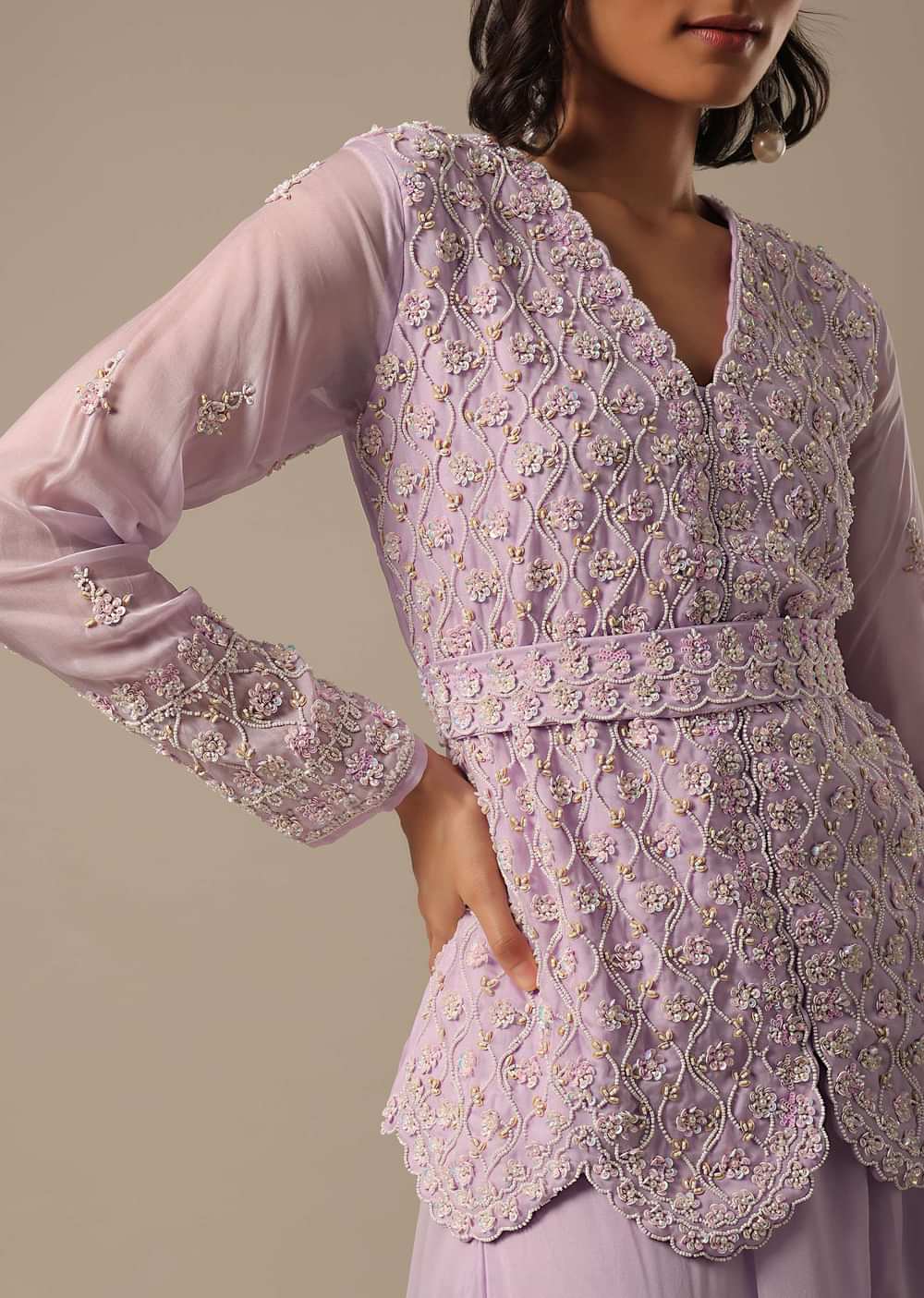 Purple Fusion Palazzo Set With Peplum Top And Belt