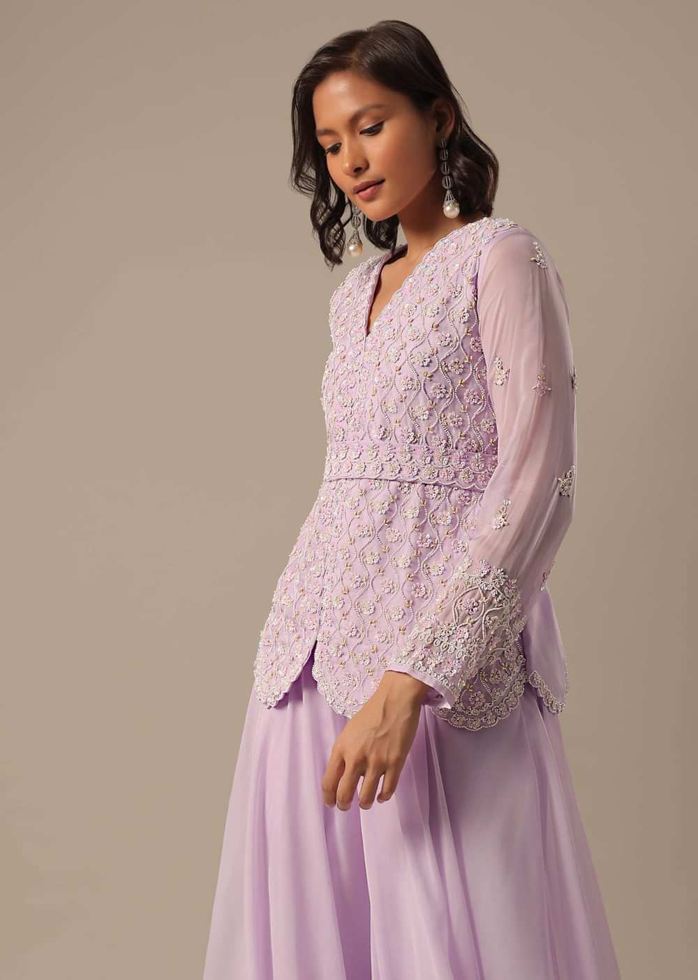 Purple Fusion Palazzo Set With Peplum Top And Belt