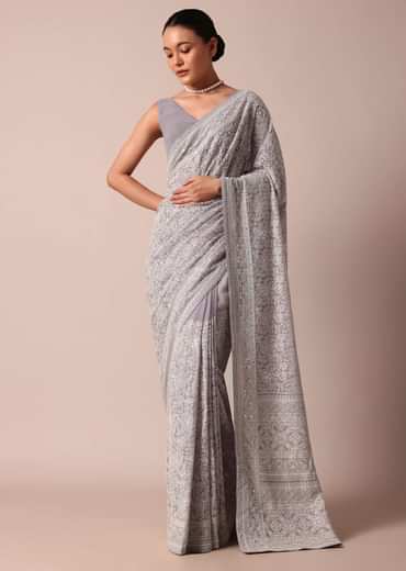 Purple Georgette Lucknowi Chikankari Sequin Saree With Unstitched Blouse Piece