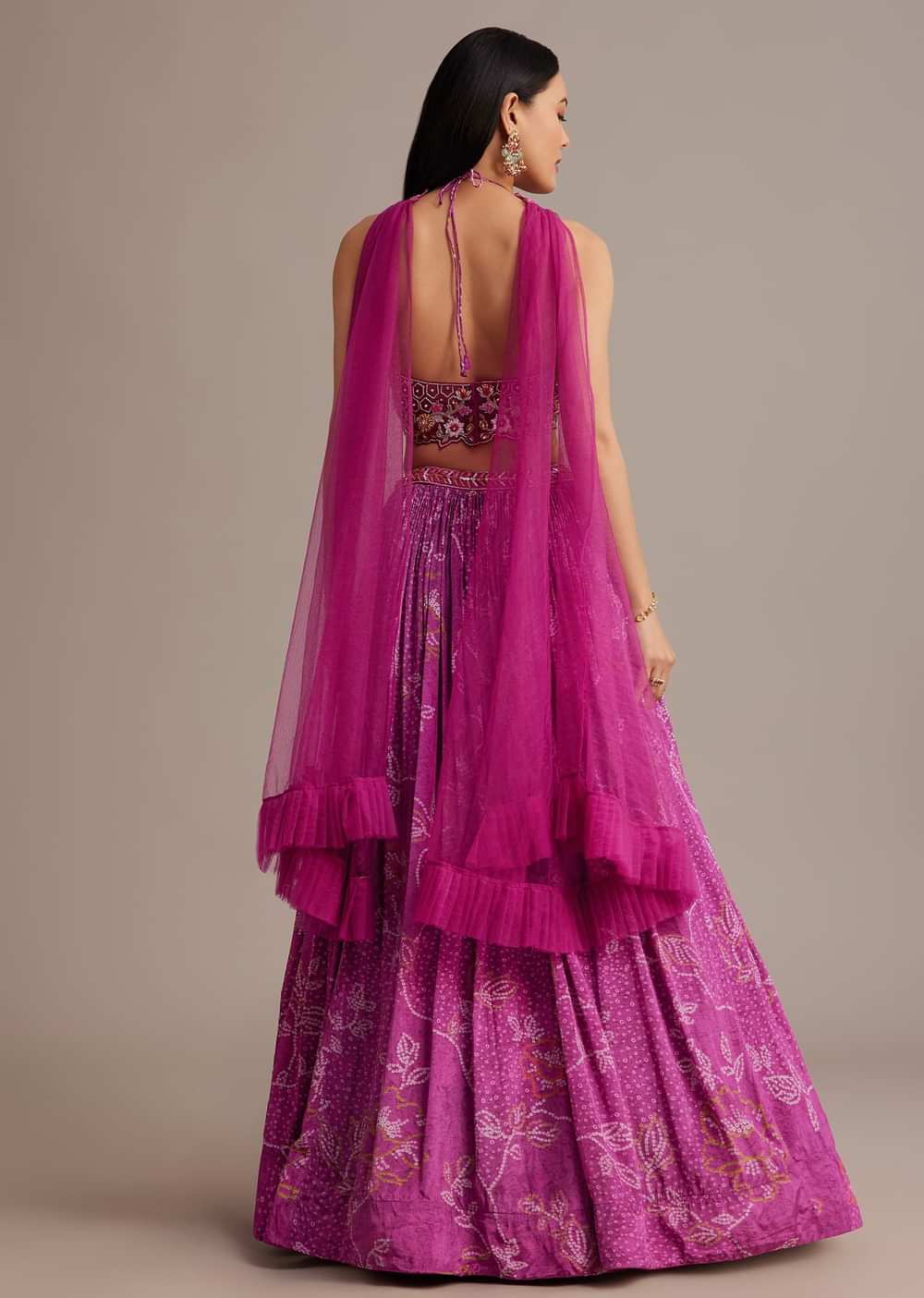 Pink Hand Embroidered Choli With Bandhani Print Lehenga And Choker Net Dupatta