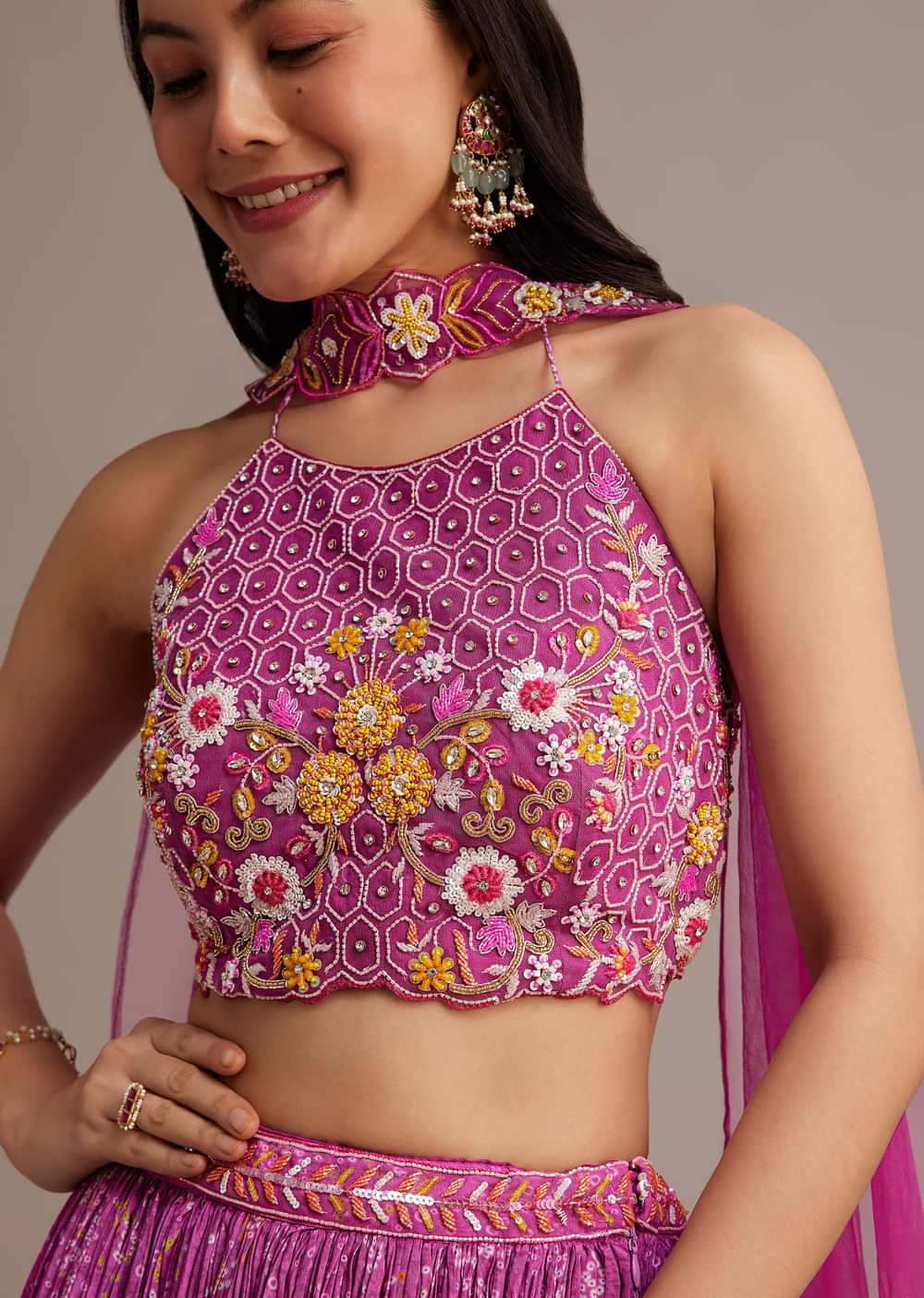 Pink Hand Embroidered Choli With Bandhani Print Lehenga And Choker Net Dupatta