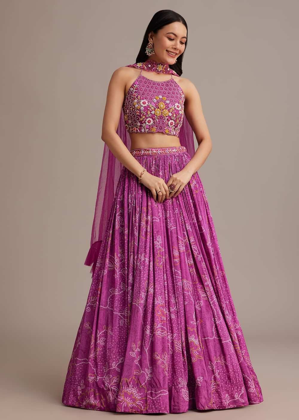 Pink Hand Embroidered Choli With Bandhani Print Lehenga And Choker Net Dupatta