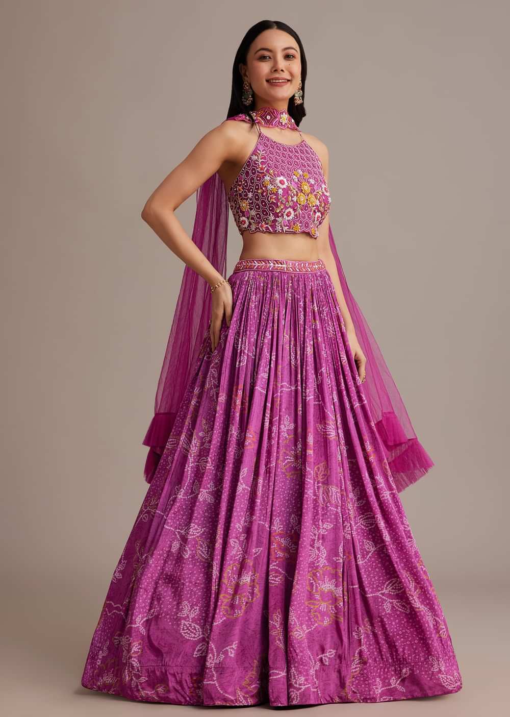 Pink Hand Embroidered Choli With Bandhani Print Lehenga And Choker Net Dupatta