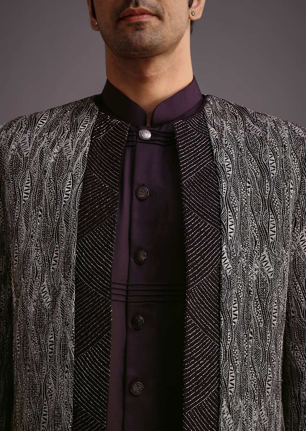 Purple Hand Work Jacket Kurta Set
