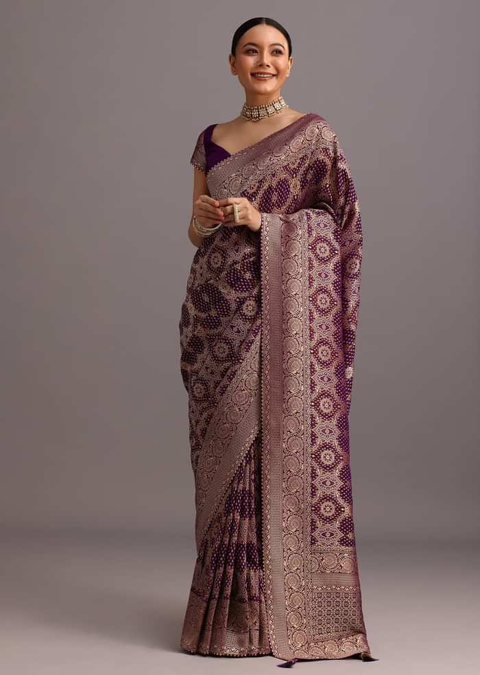 Purple Khaddi Georgette Woven Saree In Bandhani Detail With Gotta Patti Border