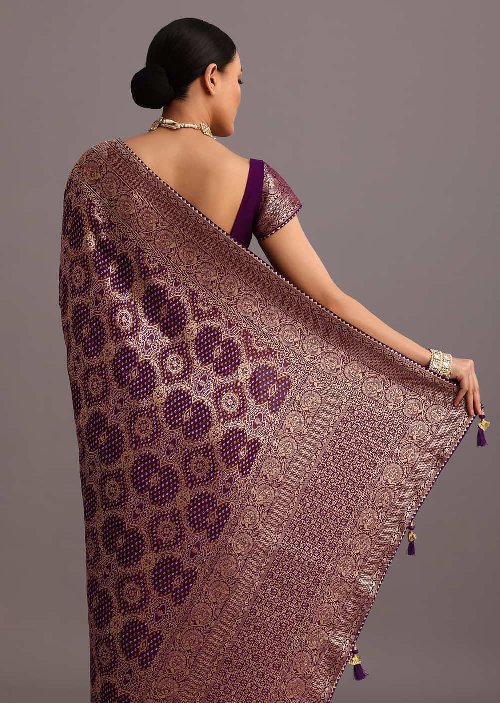 Purple Khaddi Georgette Woven Saree In Bandhani Detail With Gotta Patti Border