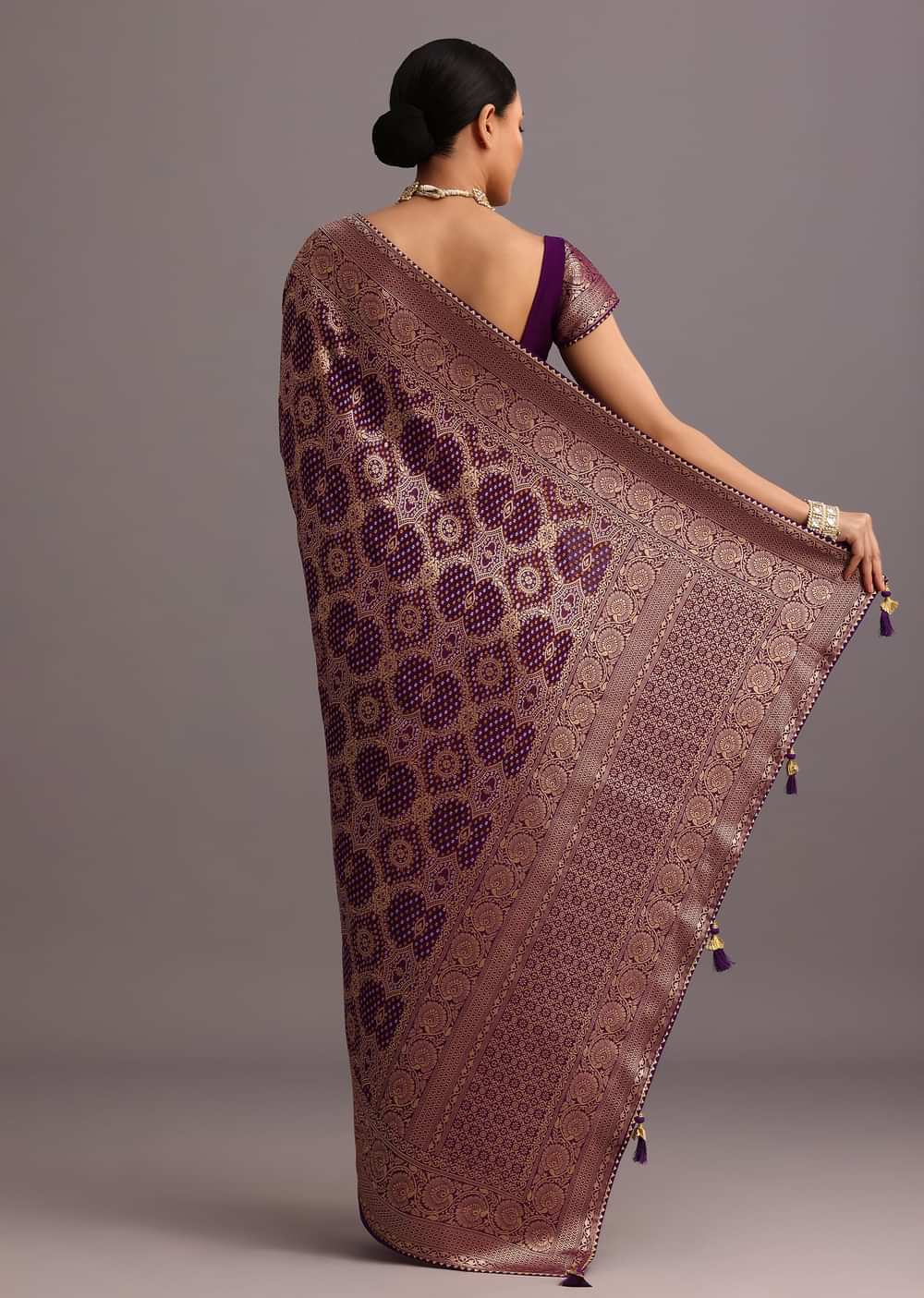 Purple Khaddi Georgette Woven Saree In Bandhani Detail With Gotta Patti Border