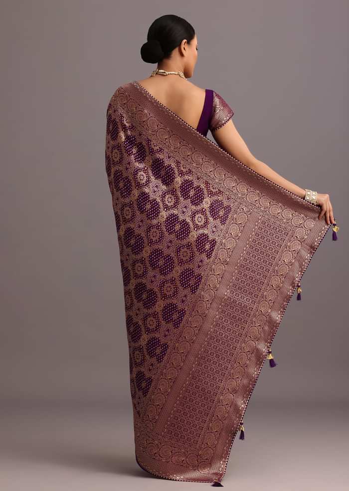 Purple Khaddi Georgette Woven Saree In Bandhani Detail With Gotta Patti Border