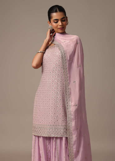 Purple Kurta Palazzo Set With Dupatta In Zari Work