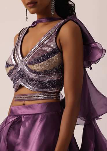 Purple Layered Ruffle Lehenga Set With Sequin Work