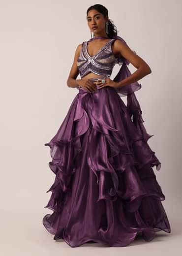 Purple Layered Ruffle Lehenga Set With Sequin Work