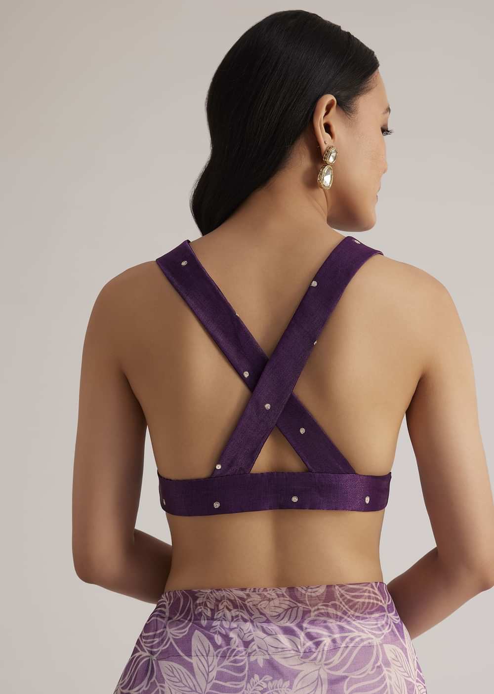 Purple Leafy Printed Organza Saree With Embroidered Scallop Border
