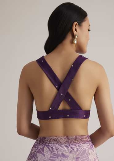 Purple Leafy Printed Organza Saree With Embroidered Scallop Border