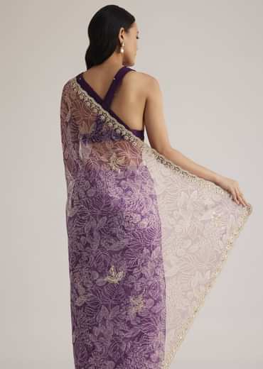 Purple Leafy Printed Organza Saree With Embroidered Scallop Border