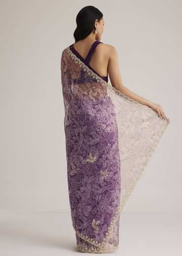 Purple Leafy Printed Organza Saree With Embroidered Scallop Border