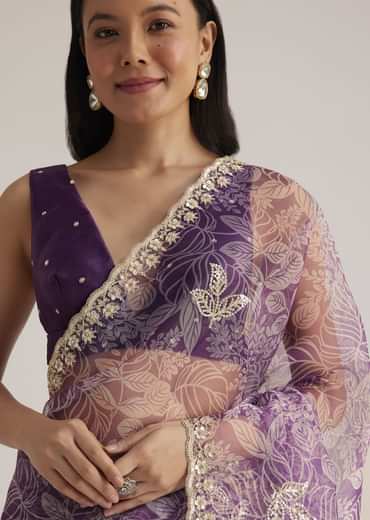 Purple Leafy Printed Organza Saree With Embroidered Scallop Border