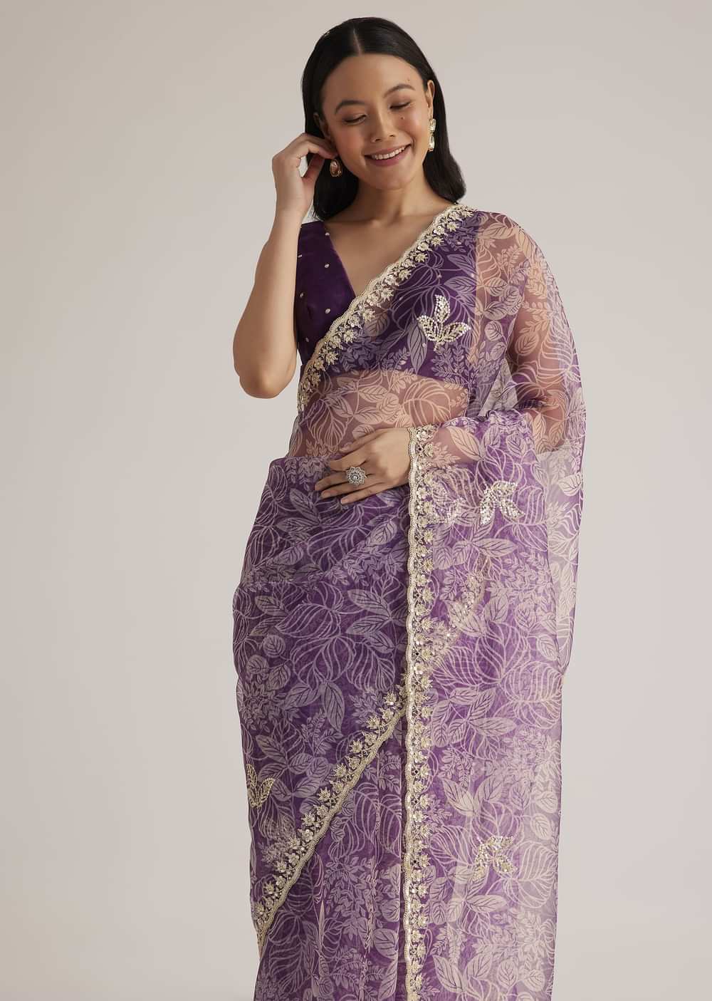 Purple Leafy Printed Organza Saree With Embroidered Scallop Border