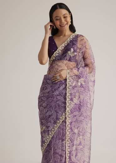 Purple Leafy Printed Organza Saree With Embroidered Scallop Border