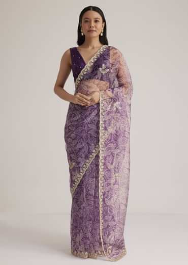 Purple Leafy Printed Organza Saree With Embroidered Scallop Border