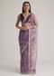 Purple Leafy Printed Organza Saree With Embroidered Scallop Border