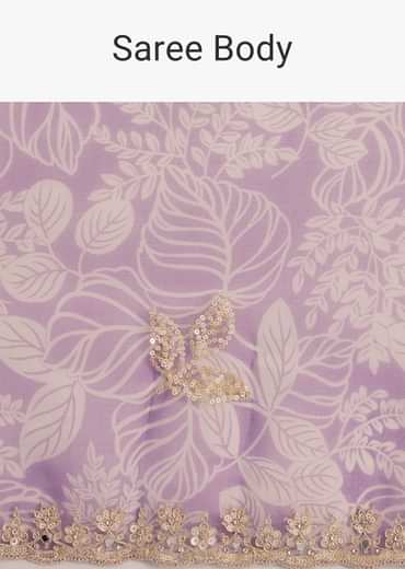 Purple Leafy Printed Organza Saree With Embroidered Scallop Border