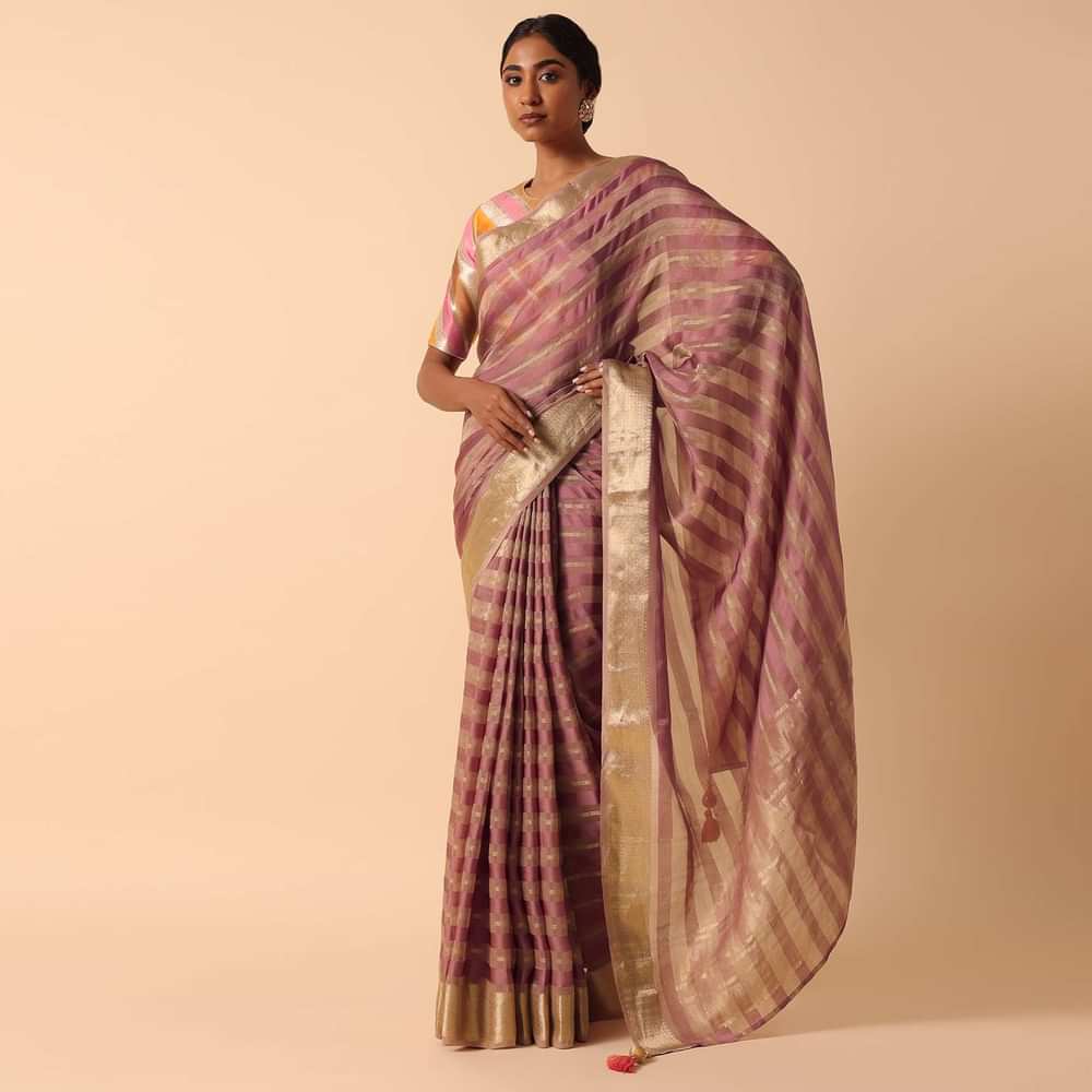 Purple Linen Saree With Readymade Stiched Blouse