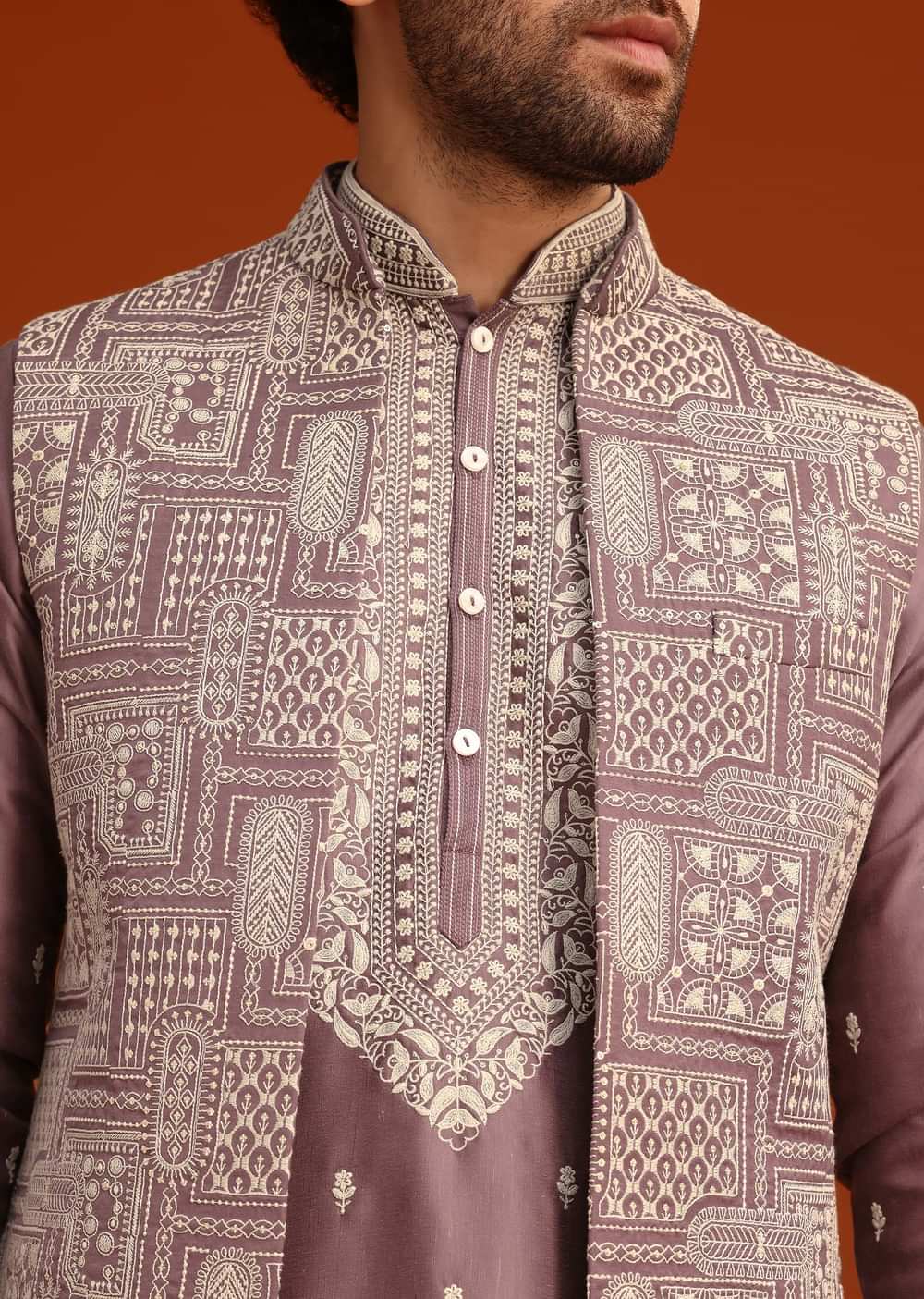 Purple Linen Satin Embroidered Jacket Kurta Set