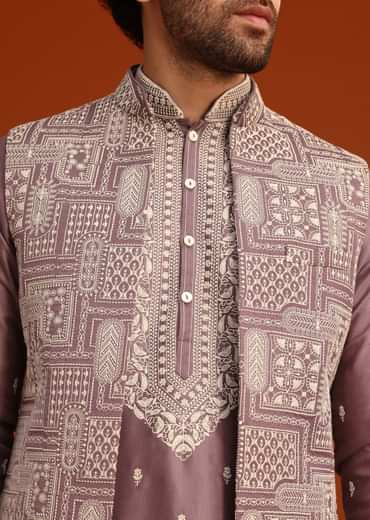 Purple Linen Satin Embroidered Jacket Kurta Set