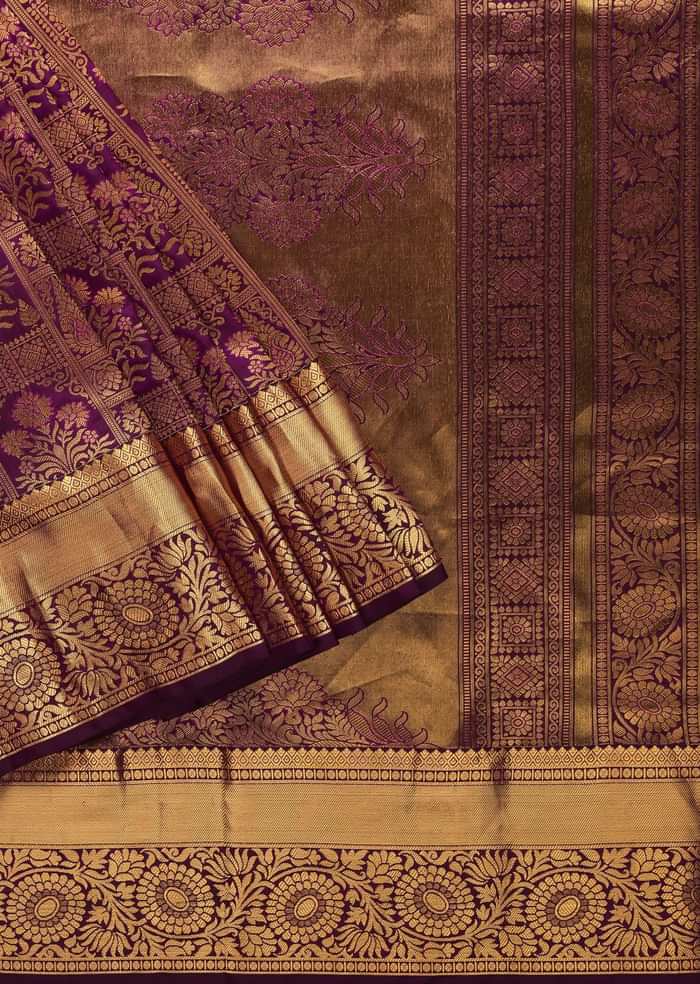 Violet Purple Kanjivaram Saree In Pure Silk With Unstitched Blouse
