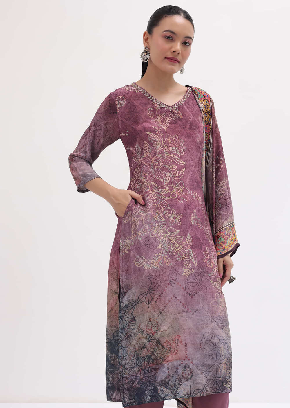 Purple Mauve Floral Crepe Kurta Pant Set