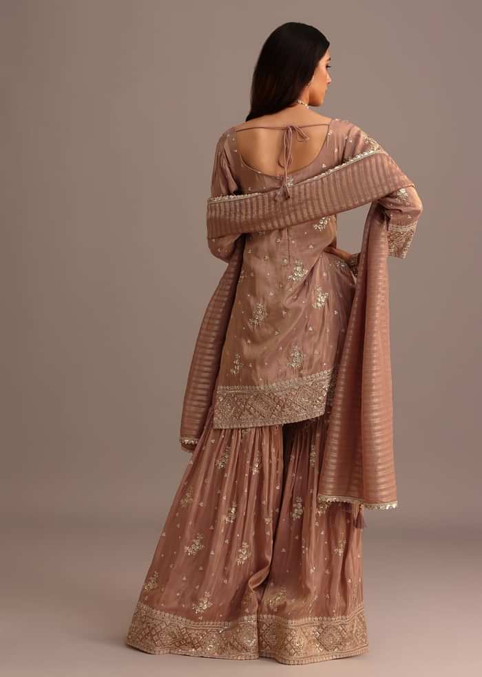 Purple Mauve Sequins Kurti Sharara Set With Chanderi Banarasi Dupatta