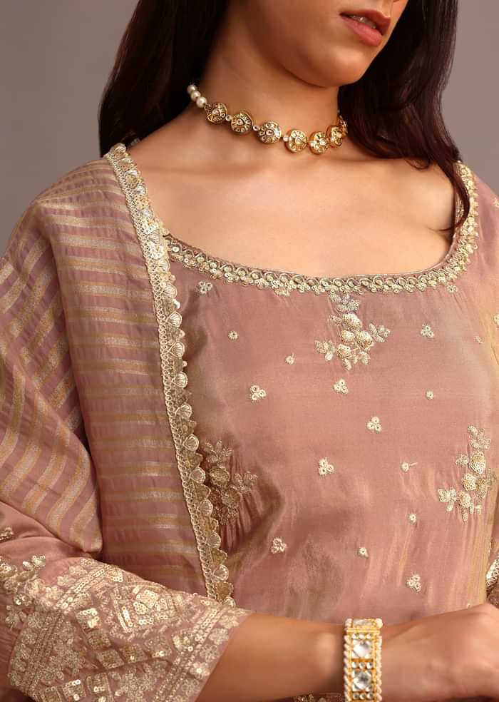 Purple Mauve Sequins Kurti Sharara Set With Chanderi Banarasi Dupatta