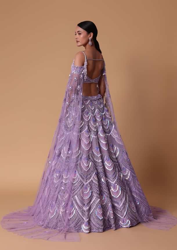 Lavender Pearl Embellished Lehenga Wth Off Shoulder Draped Cape