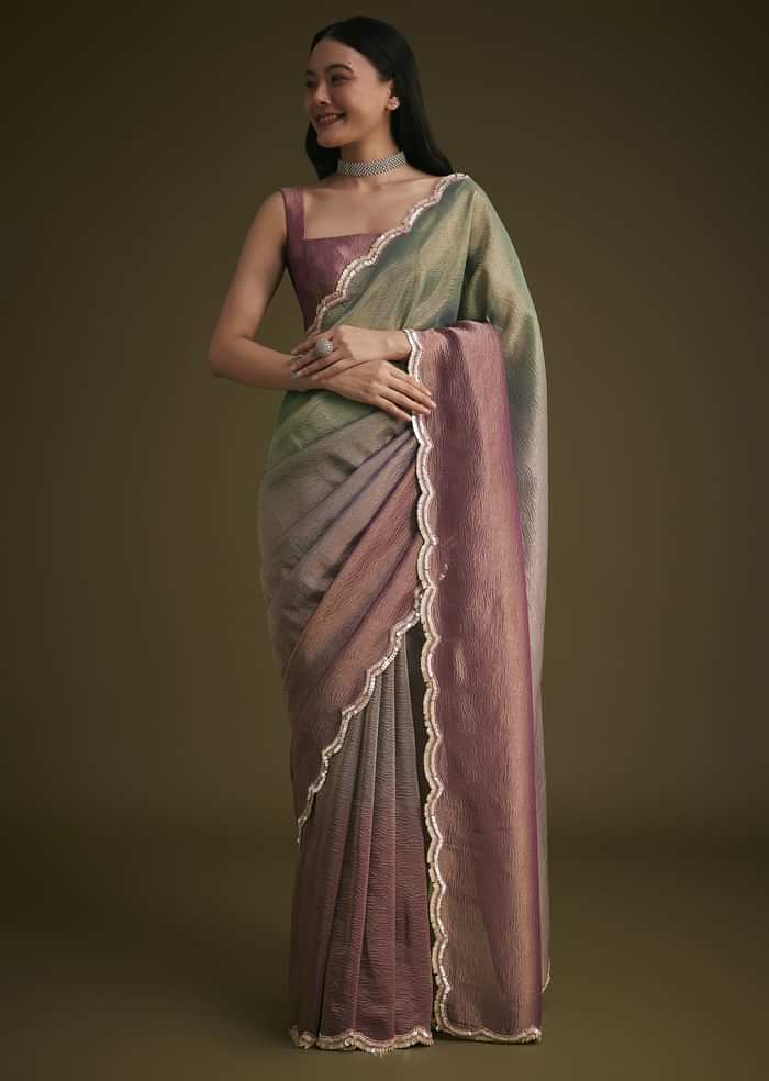 Purple Ombre Tissue Saree With Scallop Border
