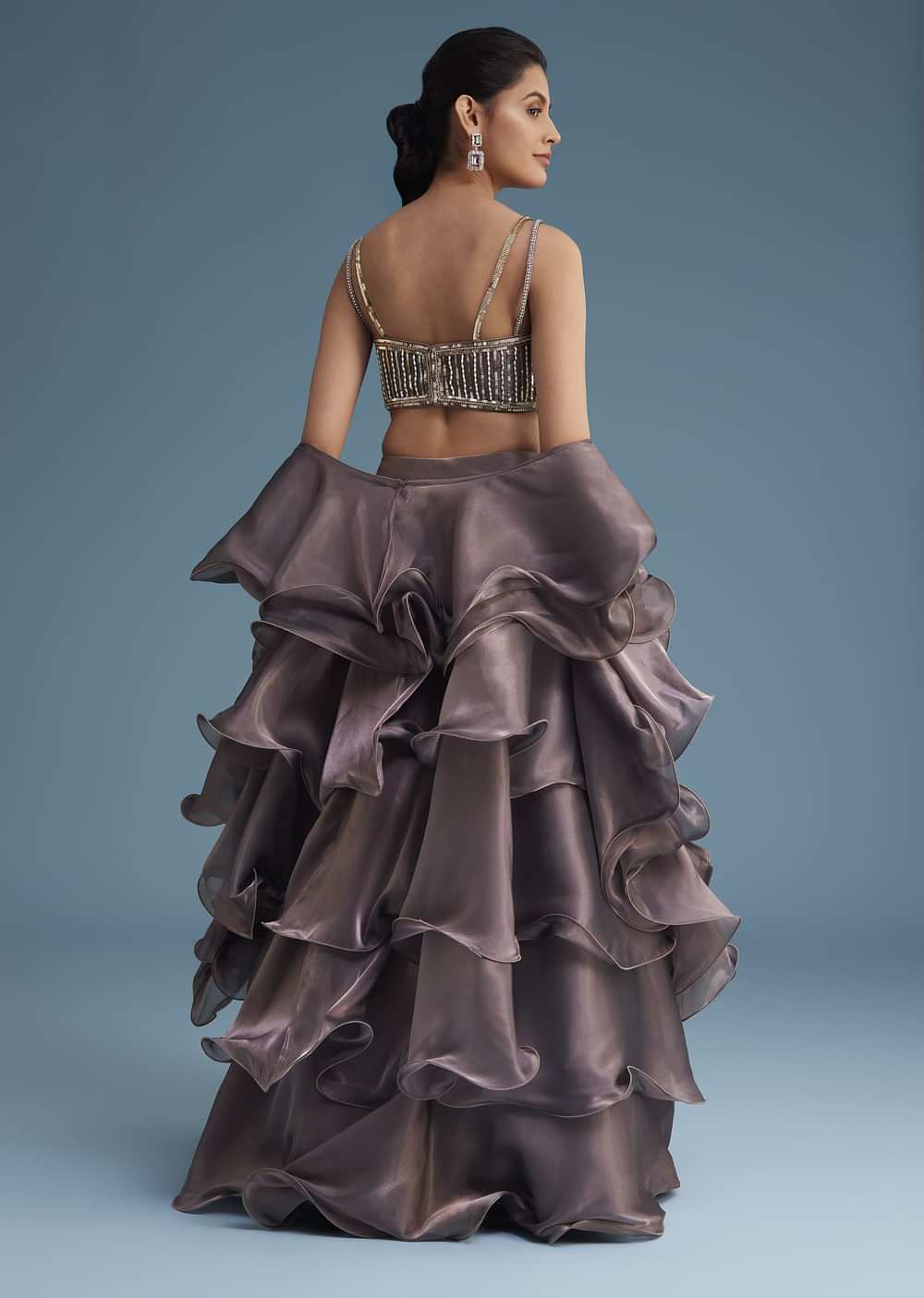 Purple Organza Ruffle Lehenga Set With Embellished Blouse