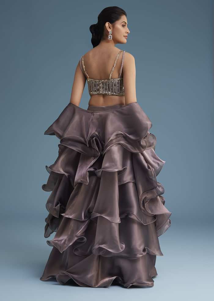 Purple Organza Ruffle Lehenga Set With Embellished Blouse