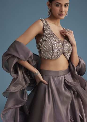 Purple Organza Ruffle Lehenga Set With Embellished Blouse