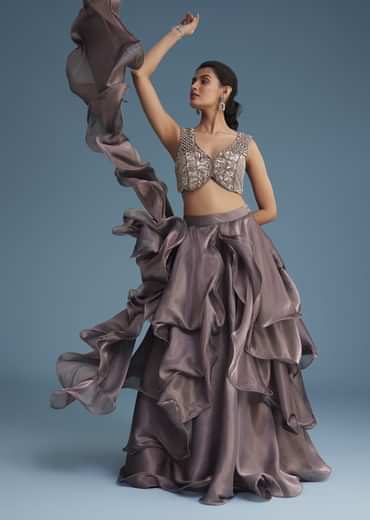 Purple Organza Ruffle Lehenga Set With Embellished Blouse